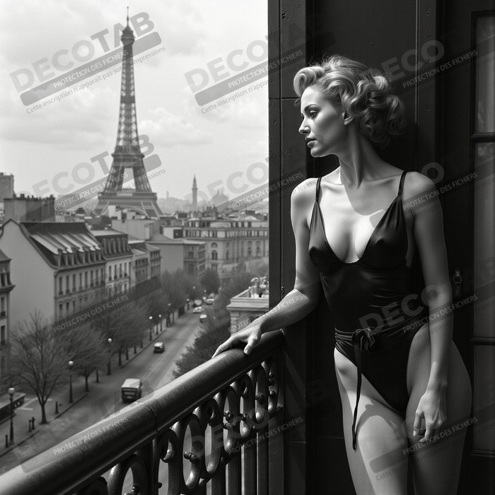Femme au balcon – tableau noir et blanc intimiste