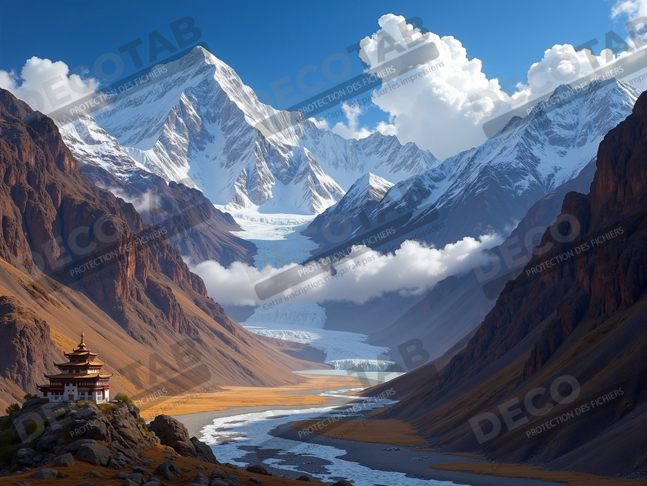 Tableau temple tibétain au pied des montagnes de l’Himalaya