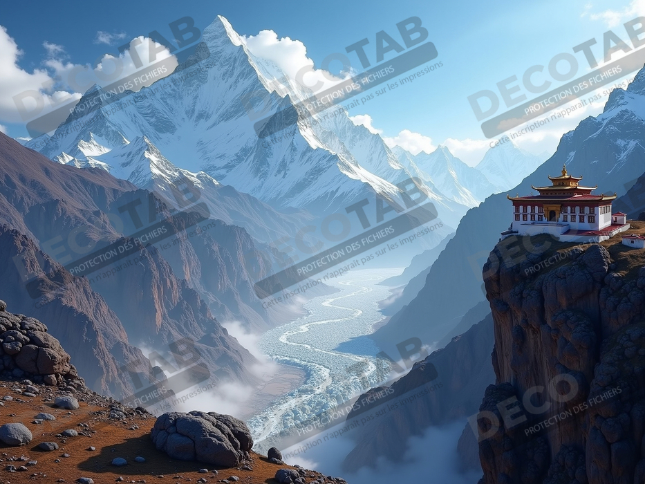 Tableau temple tibétain au pied des montagnes de l’Himalaya