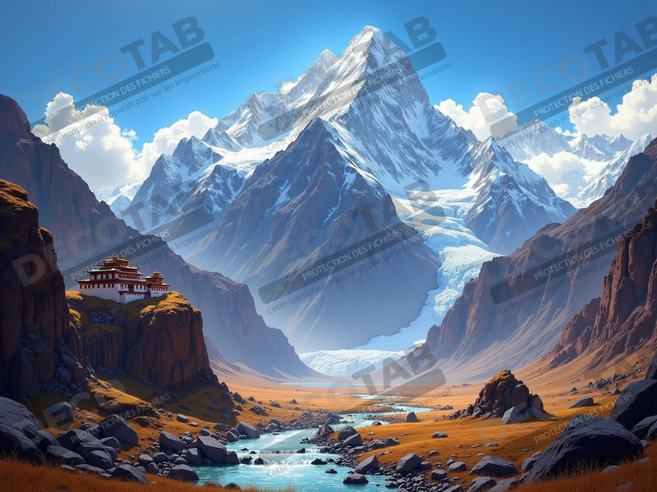 Tableau temple tibétain au pied des montagnes de l’Himalaya