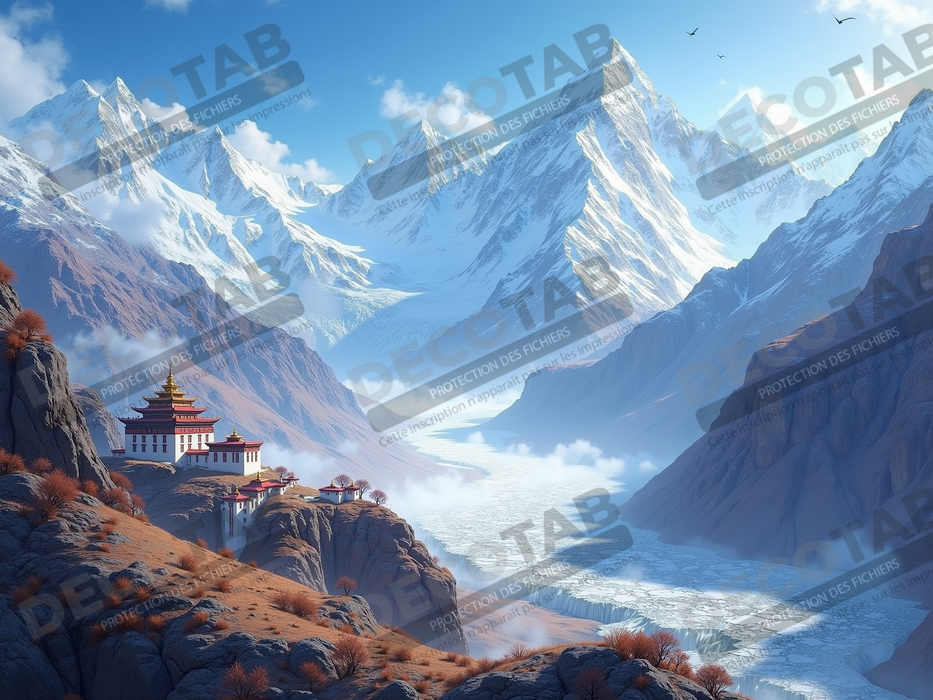 Tableau temple tibétain au pied des montagnes de l’Himalaya