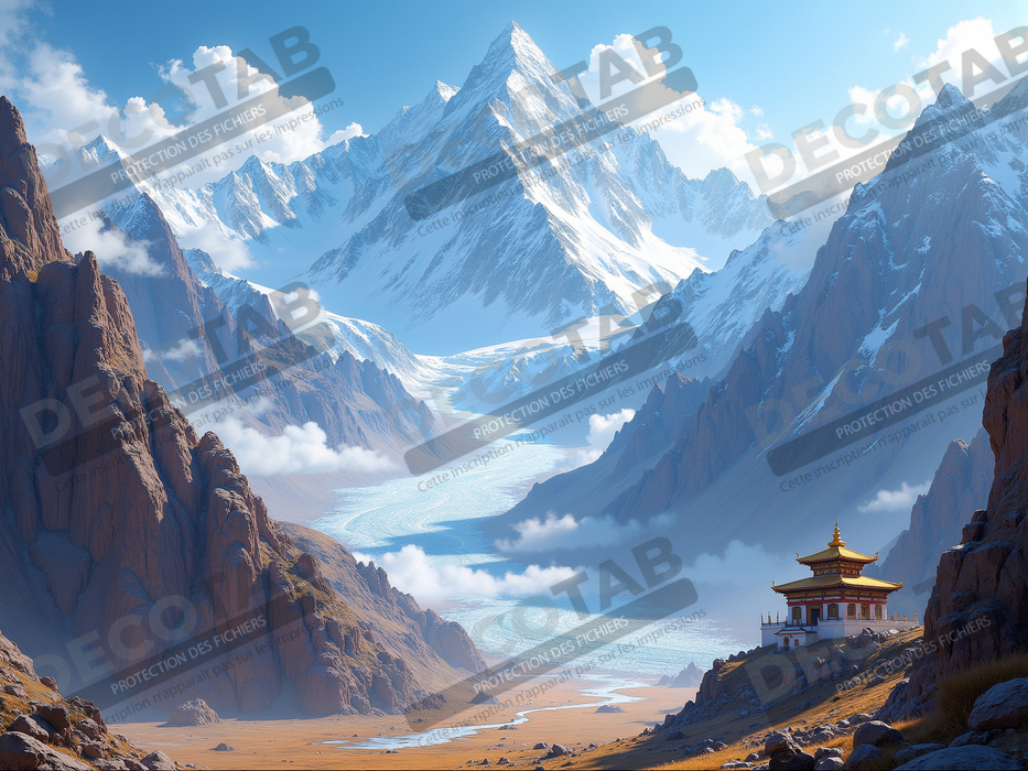 Tableau temple tibétain au pied des montagnes de l’Himalaya