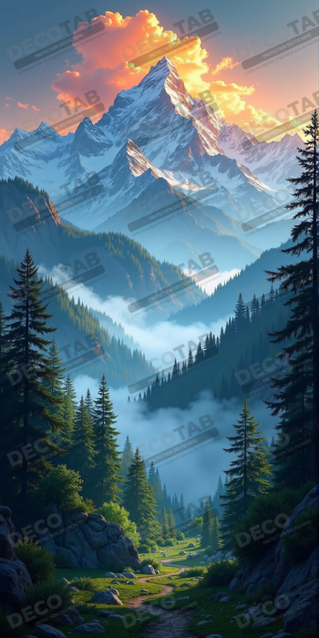 Tableau de paysage alpin : entre cimes enneigées et forêts profondes