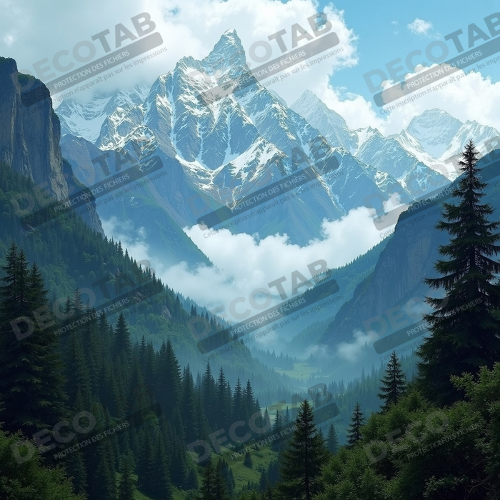 Tableau de paysage alpin : entre cimes enneigées et forêts profondes