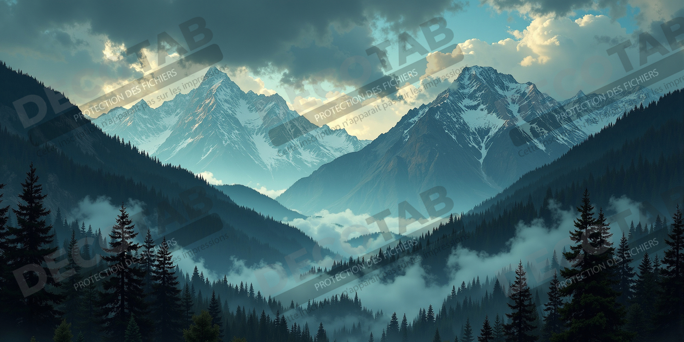 Tableau de paysage alpin : entre cimes enneigées et forêts profondes