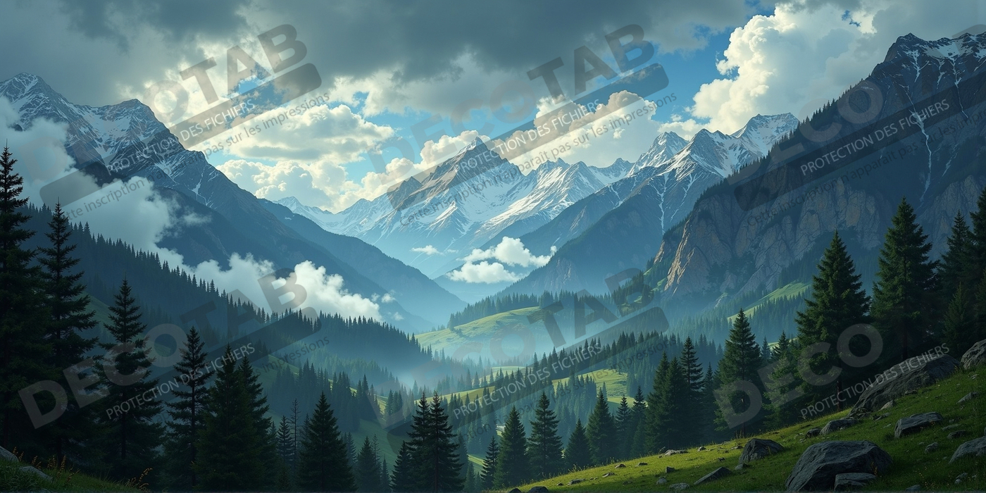 Tableau de paysage alpin : entre cimes enneigées et forêts profondes