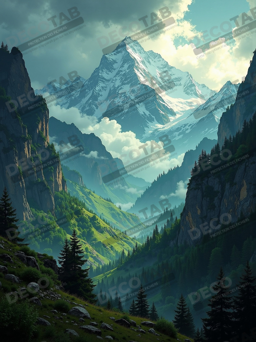 Tableau de paysage alpin : entre cimes enneigées et forêts profondes