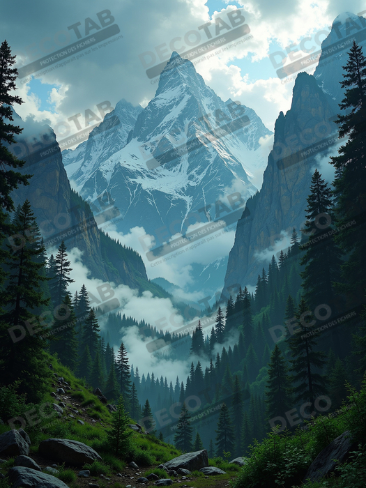 Tableau de paysage alpin : entre cimes enneigées et forêts profondes