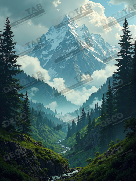 Tableau de paysage alpin : entre cimes enneigées et forêts profondes