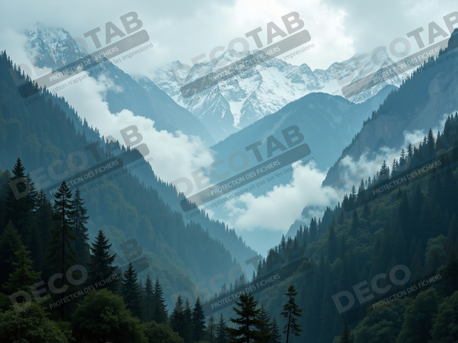 Tableau de paysage alpin : entre cimes enneigées et forêts profondes