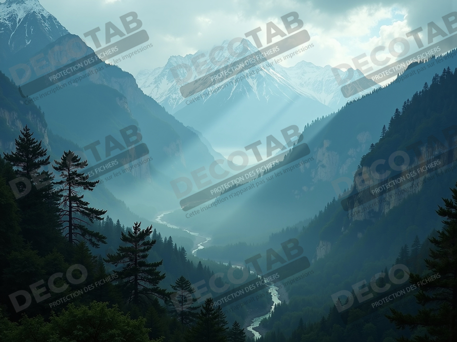 Tableau de paysage alpin : entre cimes enneigées et forêts profondes