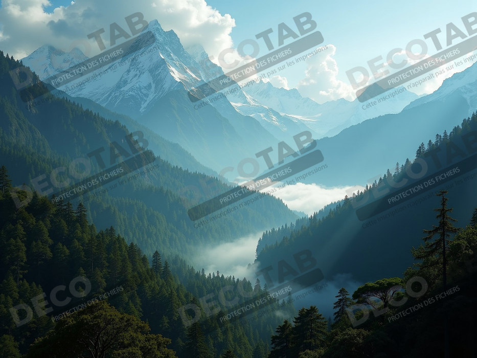 Tableau de paysage alpin : entre cimes enneigées et forêts profondes
