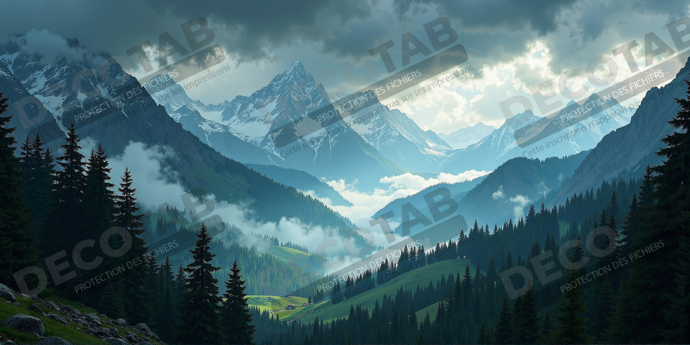 Tableau de paysage alpin : entre cimes enneigées et forêts profondes