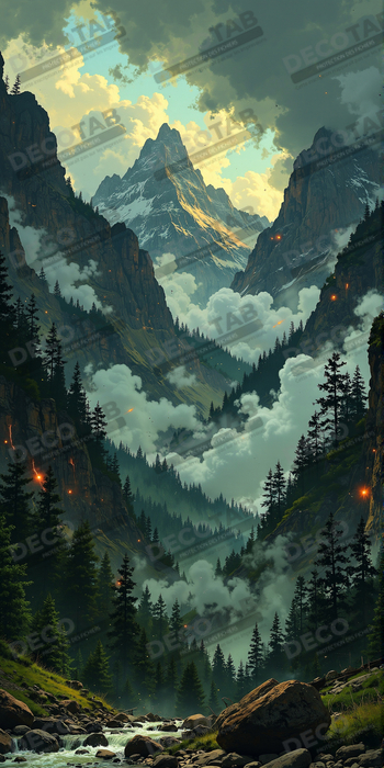 Tableau de paysage alpin : entre cimes enneigées et forêts profondes