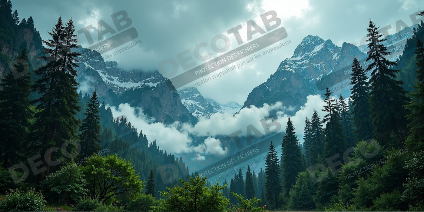 Tableau de paysage alpin : entre cimes enneigées et forêts profondes