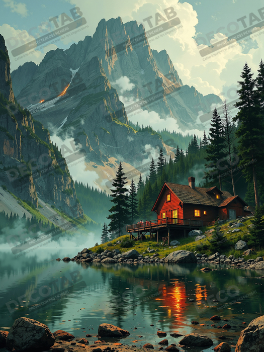 Paysage scandinave avec lac et maison rouge
