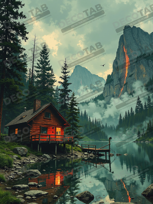 Paysage scandinave avec lac et maison rouge
