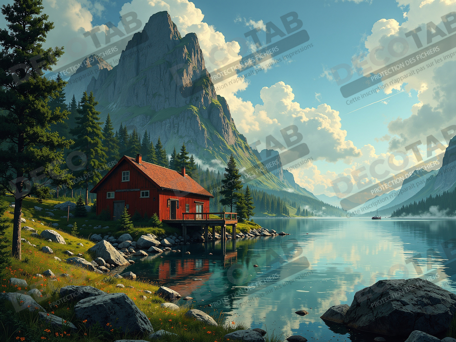 Paysage scandinave avec lac et maison rouge