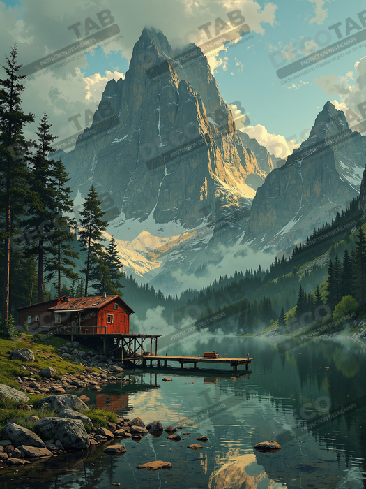Paysage scandinave avec lac et maison rouge