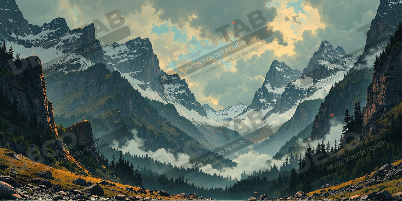 Tableau illustré montagnes au crépuscule