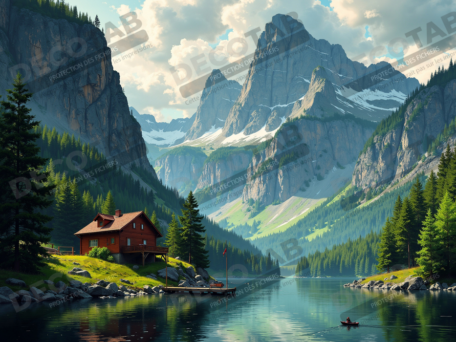 Paysage scandinave avec lac et maison rouge