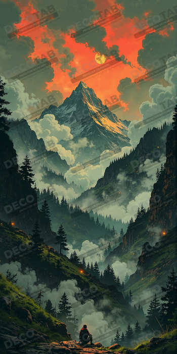 Tableau homme face à la montagne au coucher du soleil