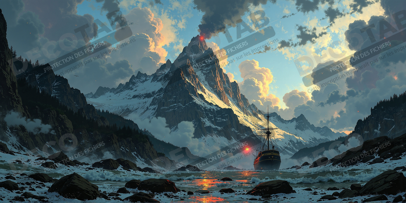 Tableau fjord et voilier face aux montagnes scandinaves enneigées