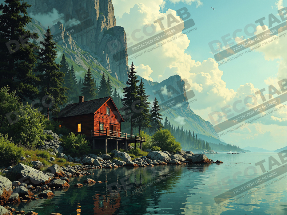 Paysage scandinave avec lac et maison rouge