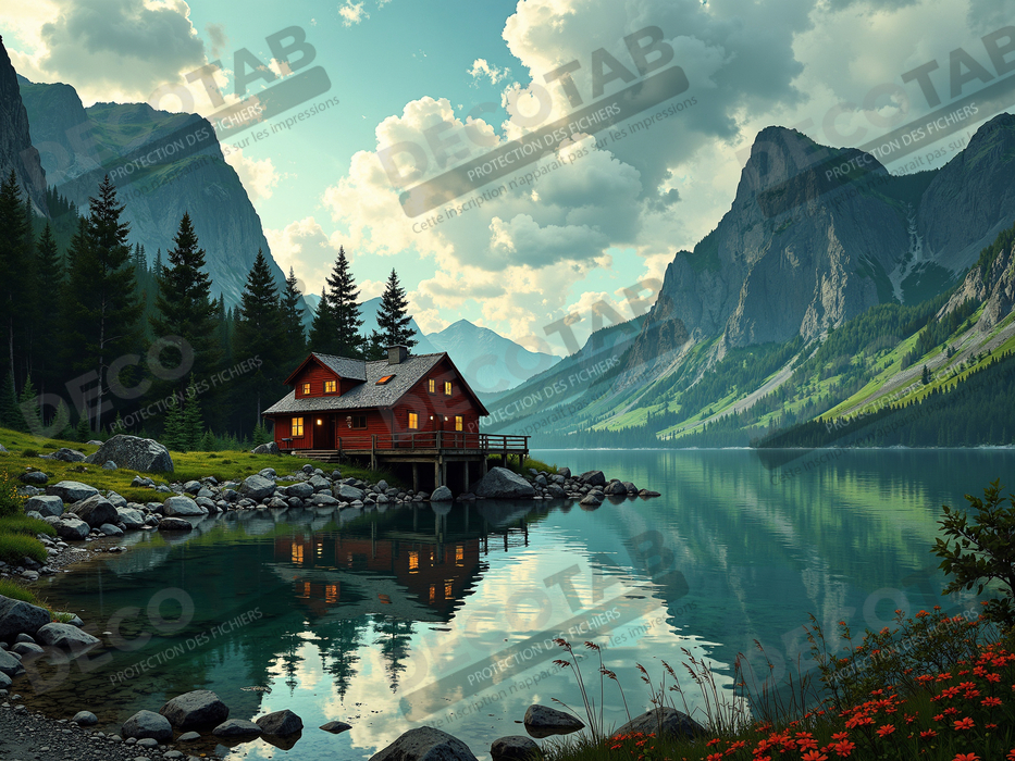 Paysage scandinave avec lac et maison rouge