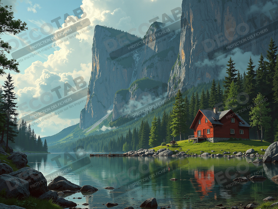 Paysage scandinave avec lac et maison rouge