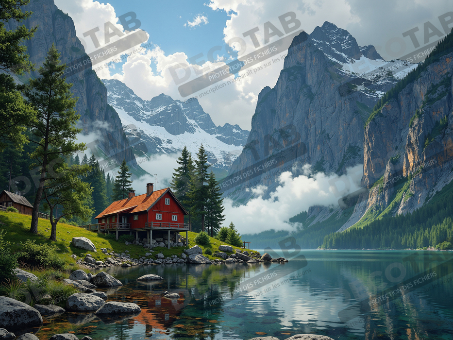 Paysage scandinave avec lac et maison rouge