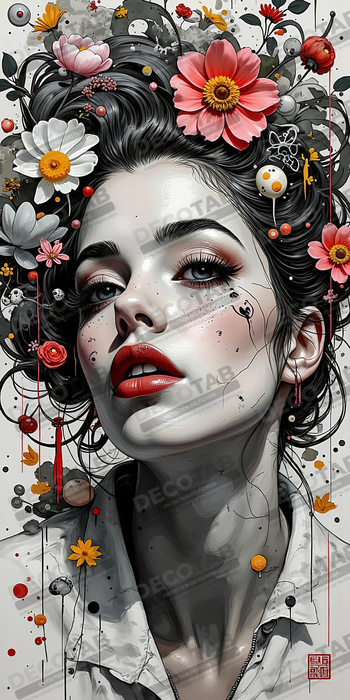 Tableau portrait féminin fleurs rouges et cheveux noirs