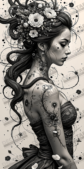 Tableau portrait féminin fantastique noir et blanc style gothique japonais