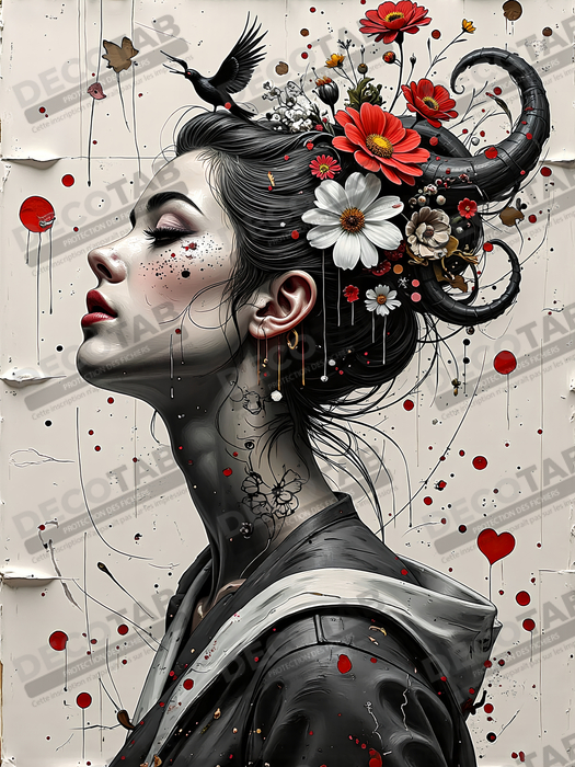 Tableau portrait féminin fleurs rouges et cheveux noirs