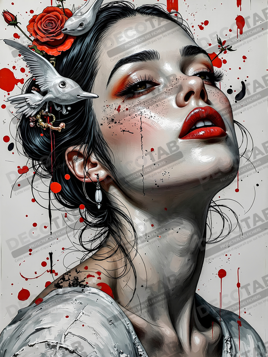 Tableau portrait féminin fleurs rouges et cheveux noirs