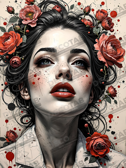 Tableau portrait féminin fleurs rouges et cheveux noirs