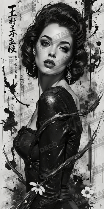 Tableau portrait féminin fantastique noir et blanc style gothique japonais