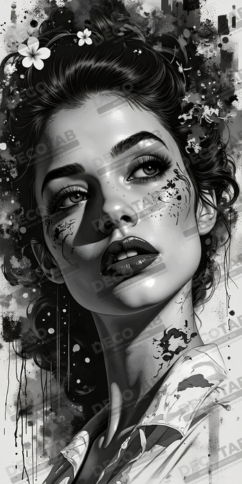 Tableau portrait féminin fantastique noir et blanc style gothique japonais