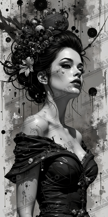 Tableau portrait féminin fantastique noir et blanc style gothique japonais