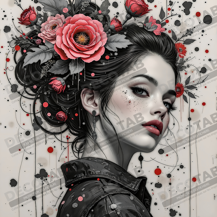 Tableau portrait féminin fleurs rouges et cheveux noirs