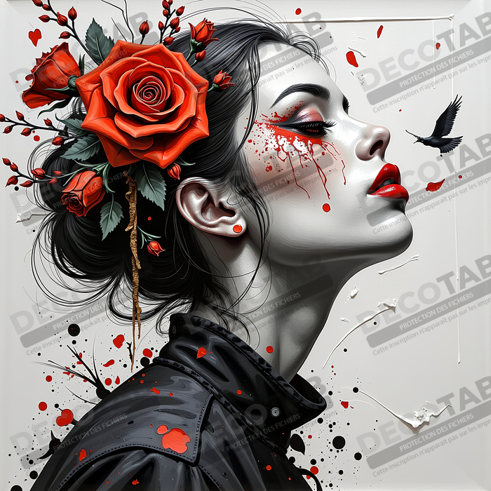 Tableau portrait féminin fleurs rouges et cheveux noirs