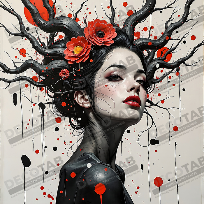 Tableau portrait féminin fleurs rouges et cheveux noirs