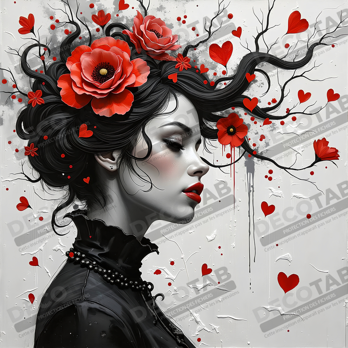 Tableau portrait féminin fleurs rouges et cheveux noirs