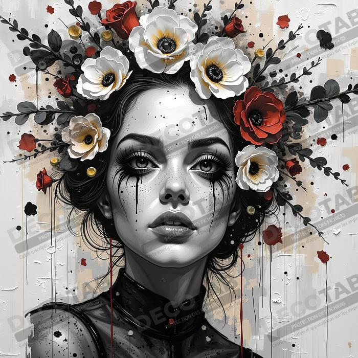 Tableau portrait féminin fleurs rouges et cheveux noirs
