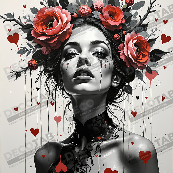 Tableau portrait féminin fleurs rouges et cheveux noirs