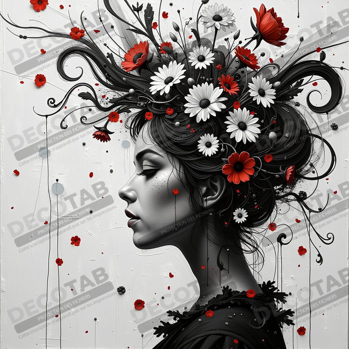Tableau portrait féminin fleurs rouges et cheveux noirs