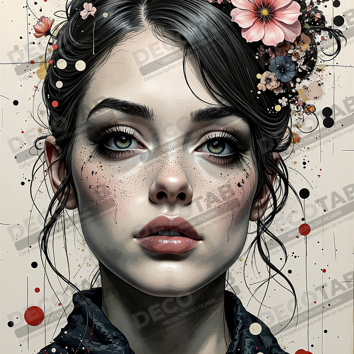 Tableau portrait féminin fleurs rouges et cheveux noirs