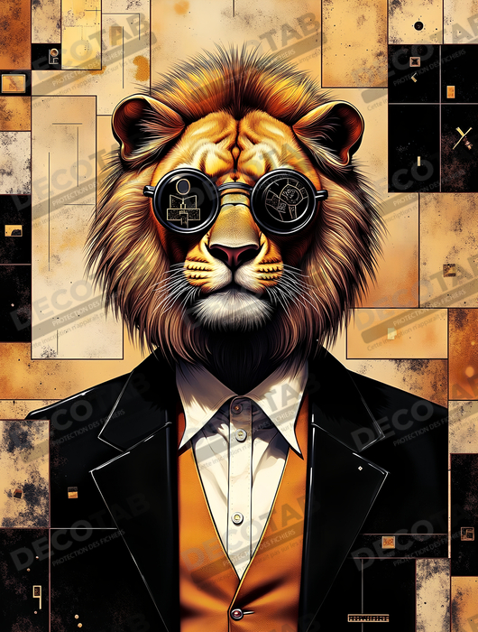 Tableau lion hypnotique - Animal anthropomorphe sur fond abstrait