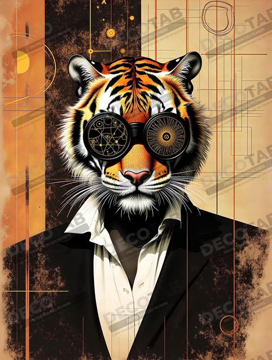 Tableau lion hypnotique - Animal anthropomorphe sur fond abstrait