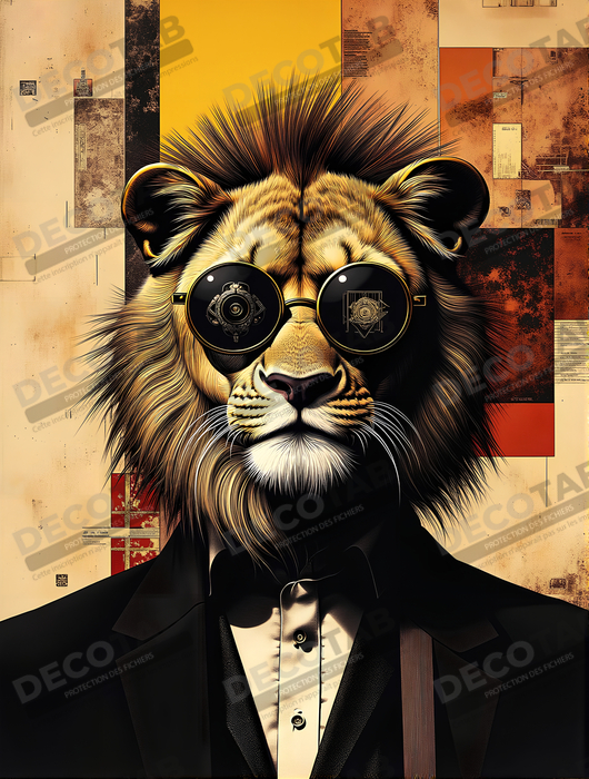 Tableau lion hypnotique - Animal anthropomorphe sur fond abstrait
